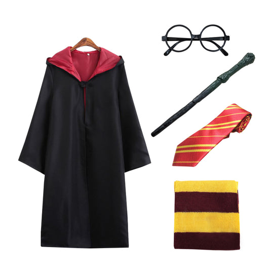 Lito Angels Wizard Halloween Costume Robe Set with Accessories for Toddler Little Kids Boys Girls (Cloak, Magic Wand, Scarf, Tie, Glasses and Sticker) Size 3-4T, Red