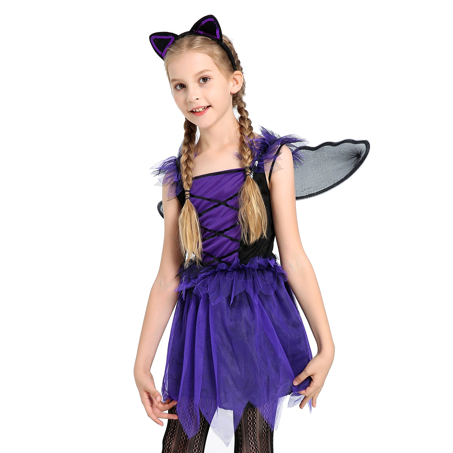 Lito Angels Little Witch Fancy Dress Halloween Costume Set with Bat Wings and Cat Ears Hair Hoop for Kids Girls Age 5-9 Year