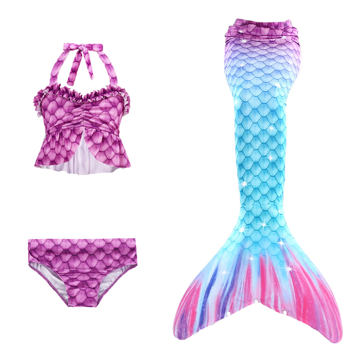 Girls Mermaid Tails Bathing Suit 3 Pieces Tankini Set Swimwear Swimsuit Swimming Costume 074