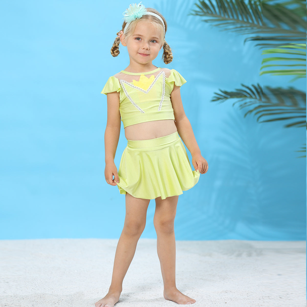 Girls Princess Tiana Swimming Costume with Skirt 2 Piece Swimsuit Swimwear Swim Dress Bathing Suit