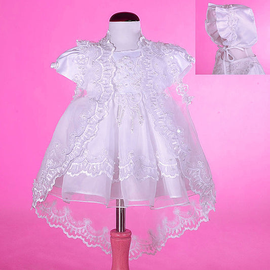 Baby Girls Christening Gown Baptism White Dress with Lace Cape and Bonnet - White