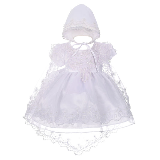 Baby Girls Christening Gown Baptism White Dress with Lace Cape and Bonnet - White