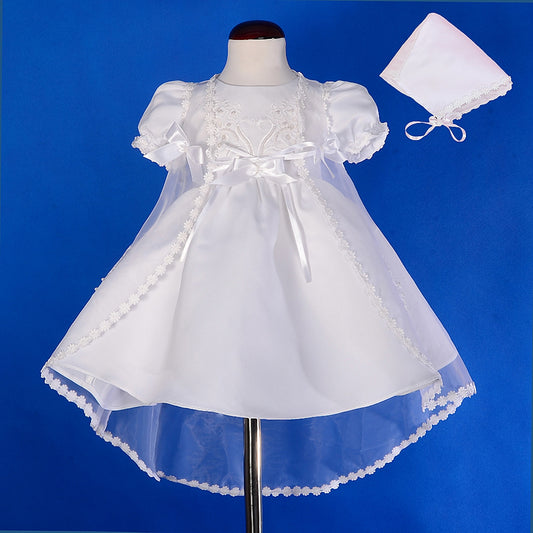 Baby Girls' Pearls Embroidered Christening Gown Baptism Dress with Cape and Bonnet - White