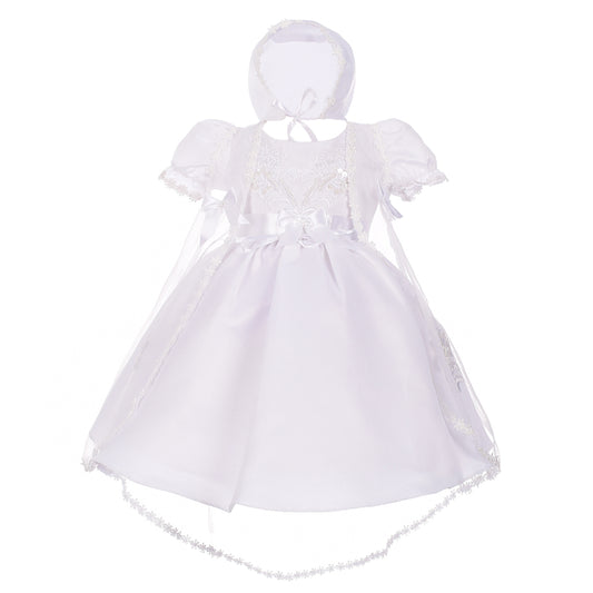 Baby Girls' Pearls Embroidered Christening Gown Baptism Dress with Cape and Bonnet - White