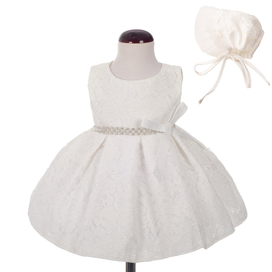 Baby Girls Diamante Lace Baptism Christening Gown Wedding Flower Girl Dress with Bonnet - Ivory