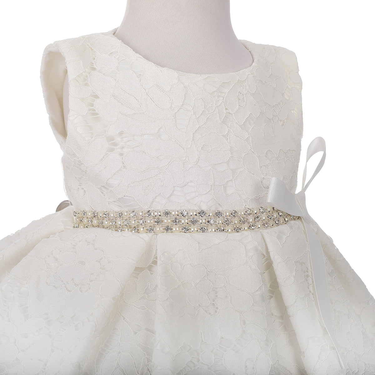 Baby Girls Diamante Lace Baptism Christening Gown Wedding Flower Girl Dress with Bonnet - Ivory