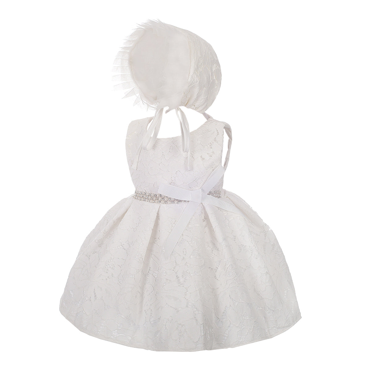 Baby Girls Diamante Lace Baptism Christening Gown Wedding Flower Girl Dress with Bonnet - Ivory