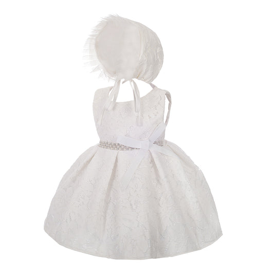 Baby Girls Diamante Lace Baptism Christening Gown Wedding Flower Girl Dress with Bonnet - Ivory