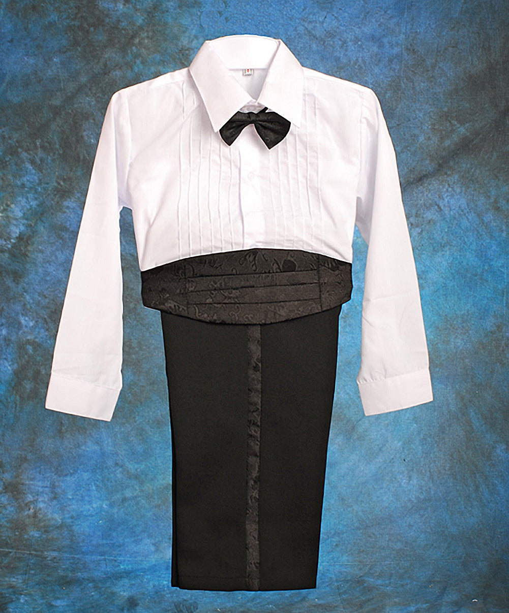 Baby Little Boys Tuxedo Black Tux 5 Pieces Set - with Cummerbund