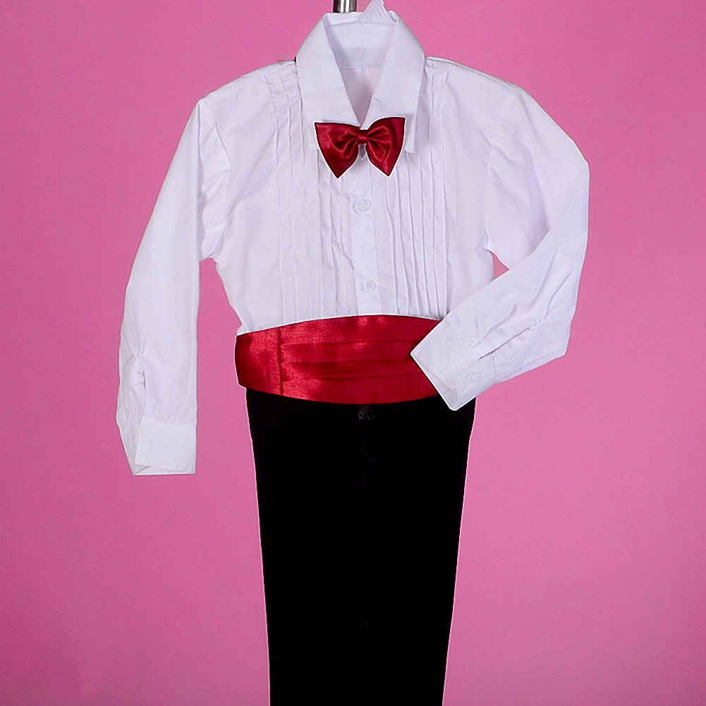 Boys Black 2 Button Notch Tuxedo with Red Slim Bow Tie. Medium 6-12 Months