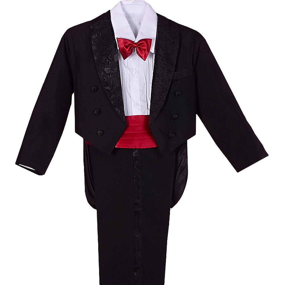 Baby Little Boys Tuxedo Black Tux 5 Pieces Set - with Red Cummerbund