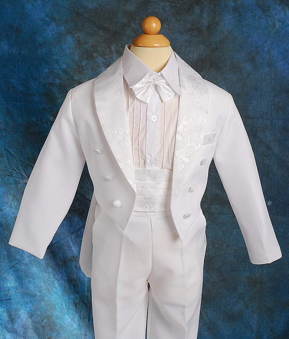 Baby Little Boys Tuxedo White Tux 5 Pieces Set - with Cummerbund