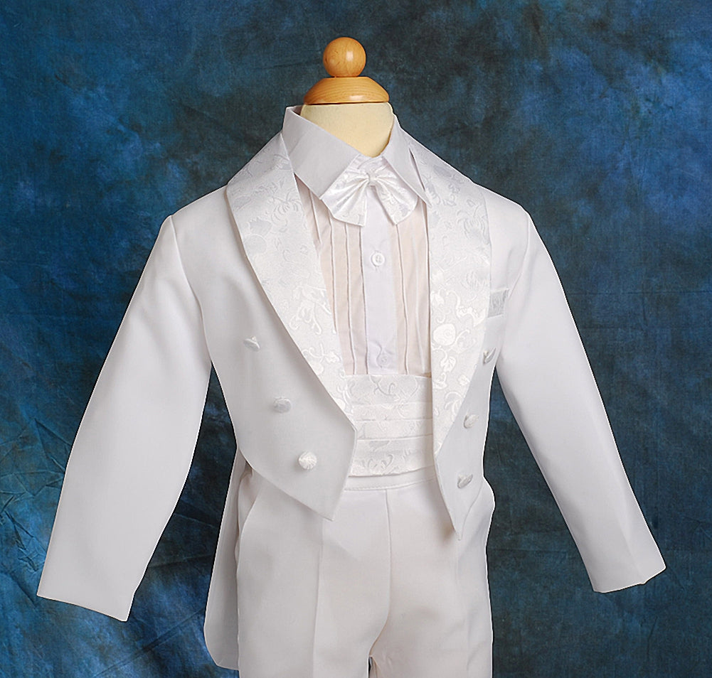 Baby Little Boys Tuxedo White Tux 5 Pieces Set - with Cummerbund