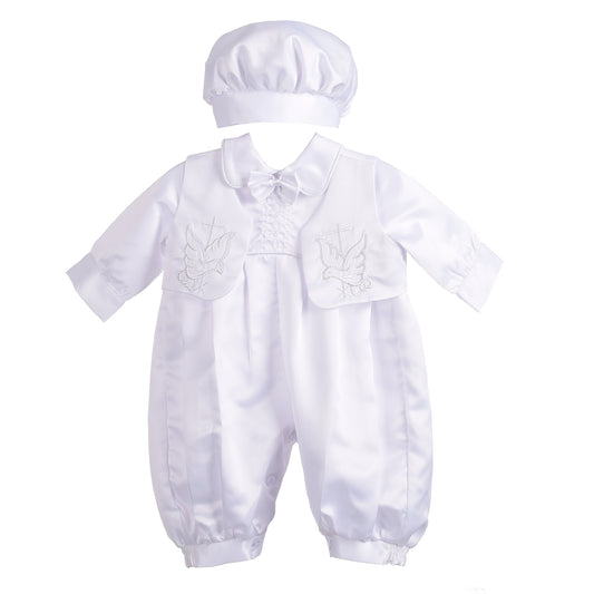 Baby Boys' Christening Romper White Satin Outfit with Bonnet Hat